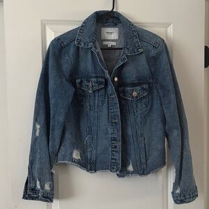 VERVET BY FLYING MONKEY Distressed Dark Blue Denim Trucker Jacket